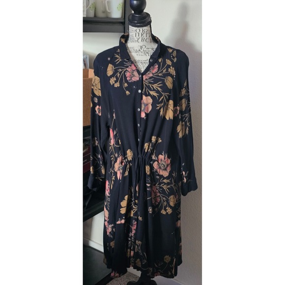 Free People Dresses & Skirts - Free People Dress Womens Medium Black Floral Boho Drawstring Ruffle Hem Fall